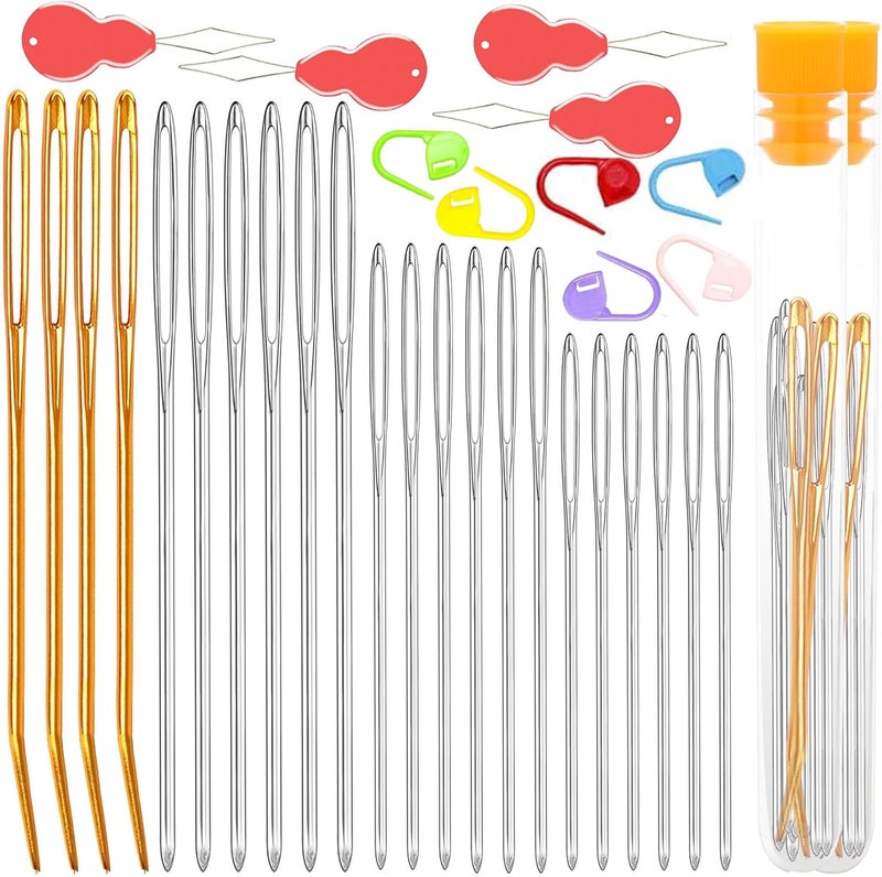 pikdmin 32 pcs Large Eye Sewing Needles Kit, Stainless Steel Large-Eye Blunt Needles & Bent Tapestry Needles for Tapestry,Sewing Wool,Weaving （ Crochet Locking Stitch Random Color） - Image 1